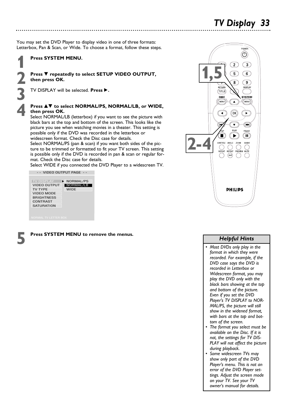 Tv display 33 | Philips DVD624 User Manual | Page 33 / 48