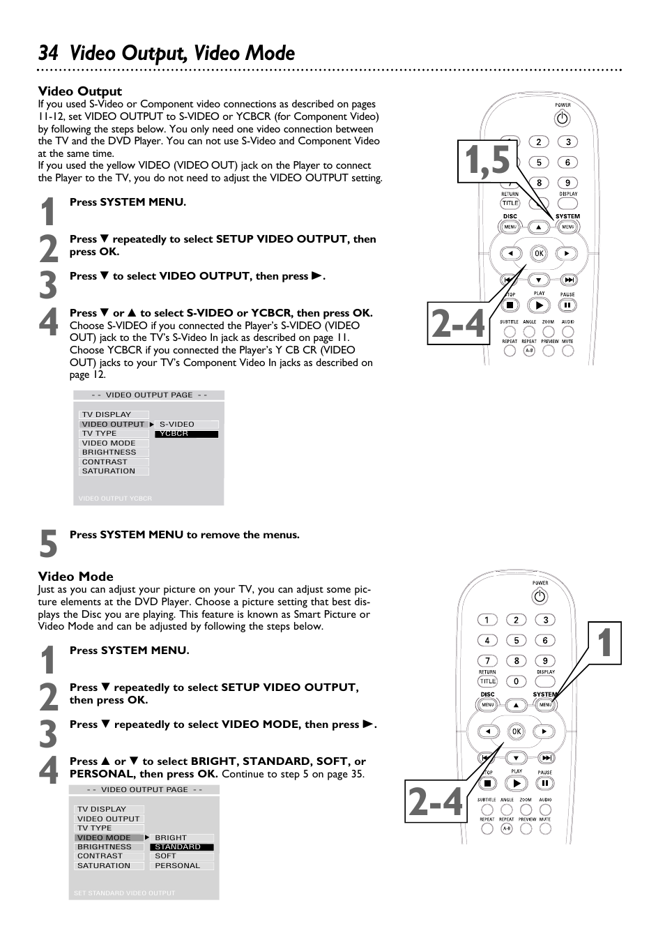 34 video output, video mode | Philips DVD624 User Manual | Page 34 / 48