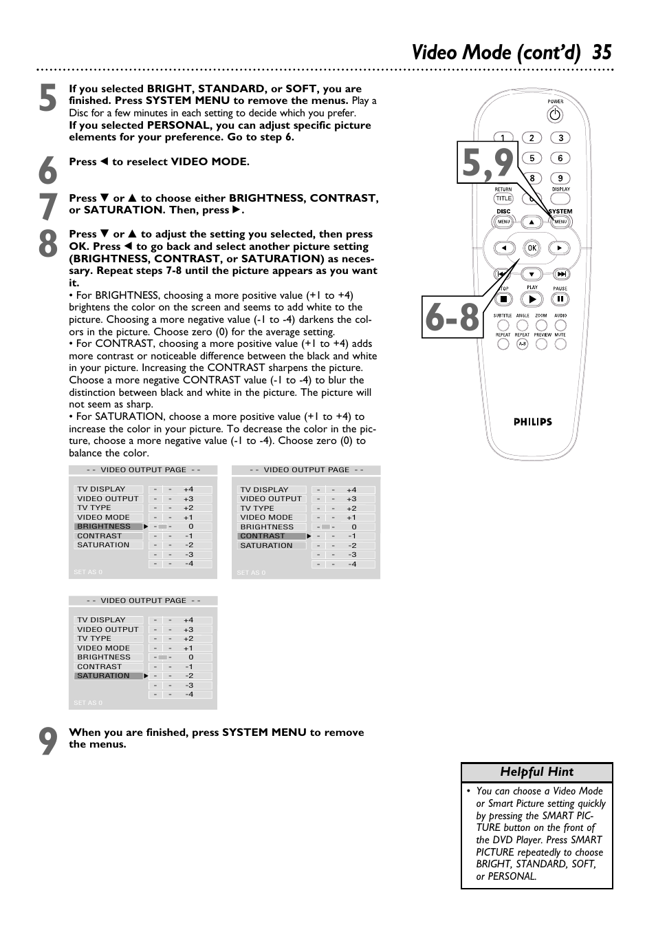 Video mode (cont’d) 35, Helpful hint, Press ; to reselect video mode | Philips DVD624 User Manual | Page 35 / 48