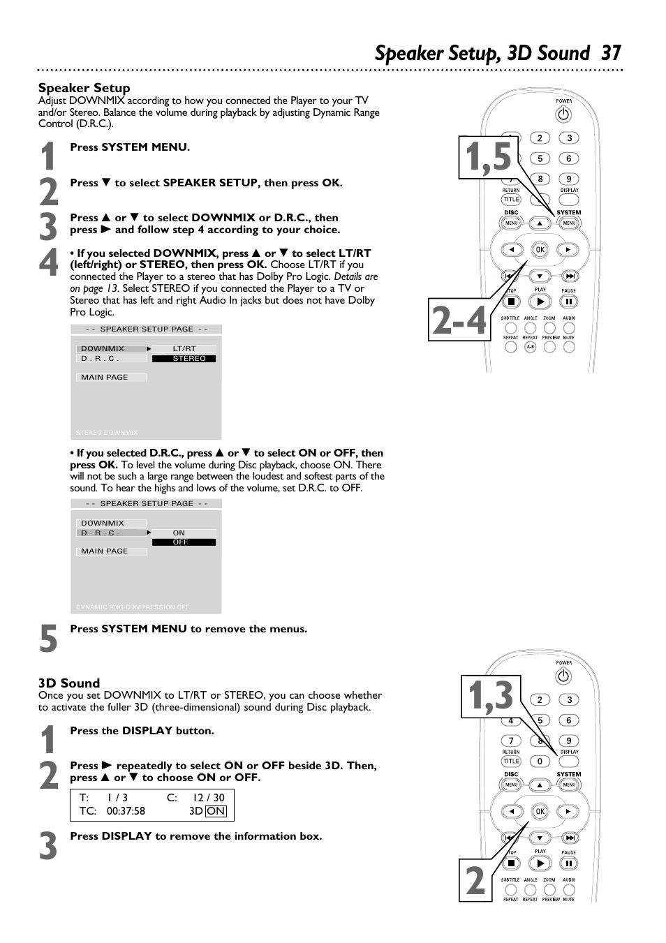 Speaker setup, 3d sound 37 | Philips DVD624 User Manual | Page 37 / 48