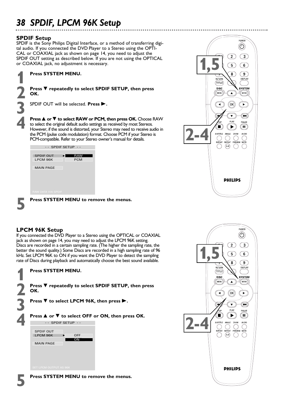 38 spdif, lpcm 96k setup | Philips DVD624 User Manual | Page 38 / 48