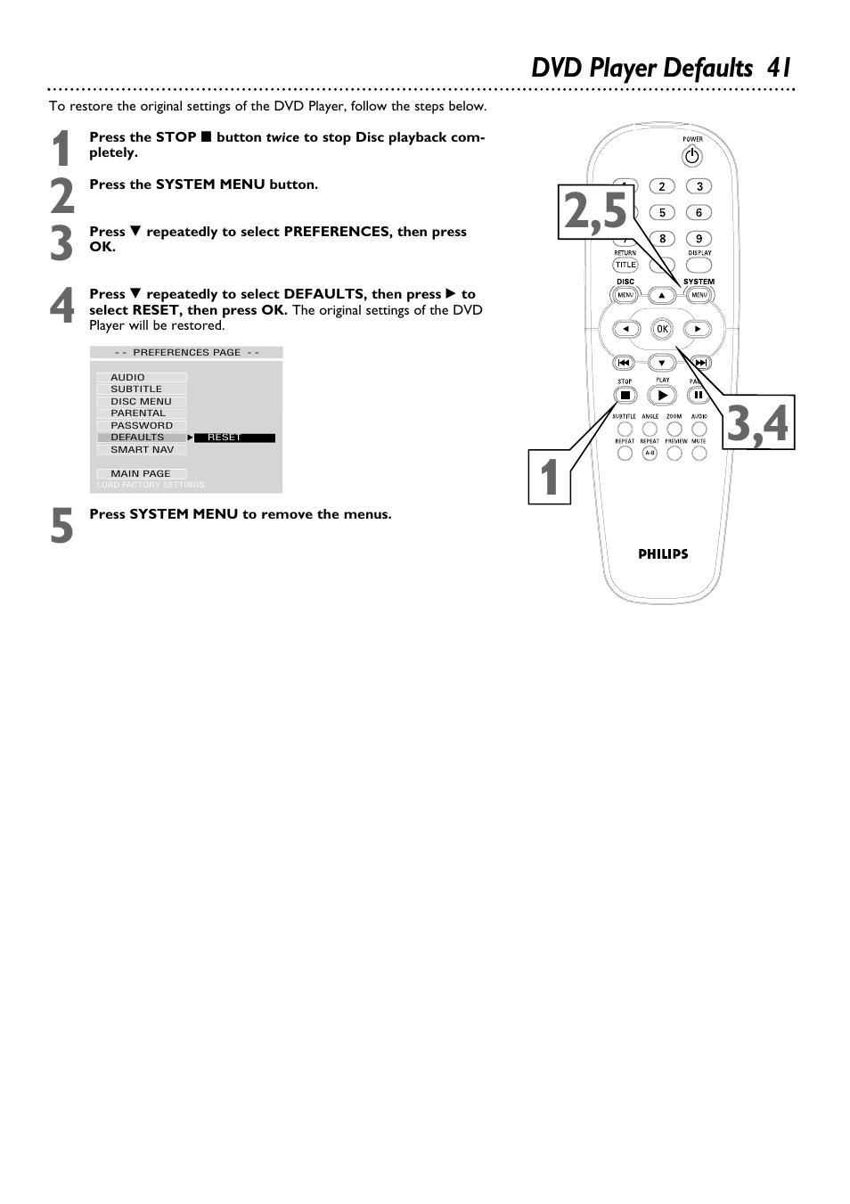 Dvd player defaults 41 | Philips DVD624 User Manual | Page 41 / 48