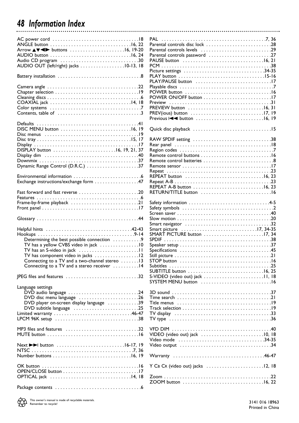 48 information index | Philips DVD624 User Manual | Page 48 / 48