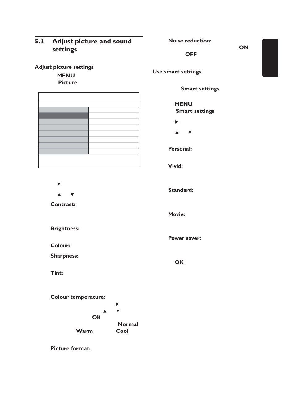 Adjust picture and sound 5.3 settings | Philips 19PFL5403/60 User Manual | Page 17 / 38