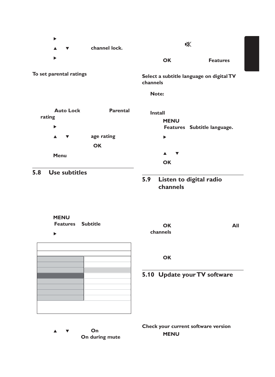 8 use subtitles, 9 listen to digital radio channels, 10 update your tv software | Philips 19PFL5403/60 User Manual | Page 23 / 38