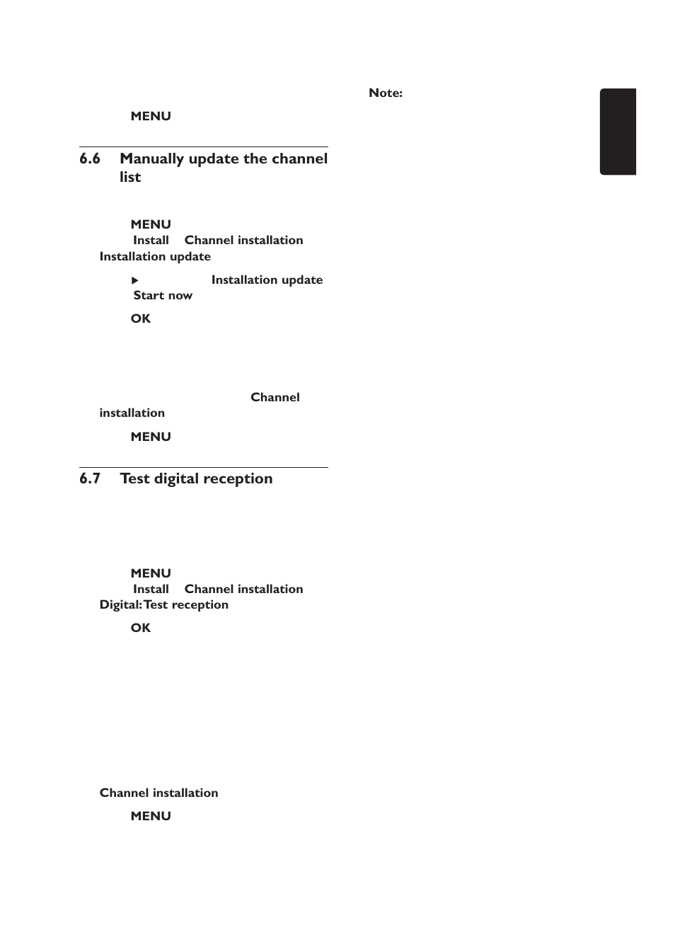 Manually update the channel 6.6 list, 7 test digital reception | Philips 19PFL5403/60 User Manual | Page 27 / 38