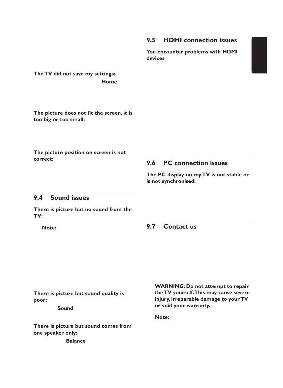 Sound issues 9.4, Hdmi connection issues 9.5, Pc connection issues 9.6 | Contact us 9.7 | Philips 19PFL5403/60 User Manual | Page 35 / 38