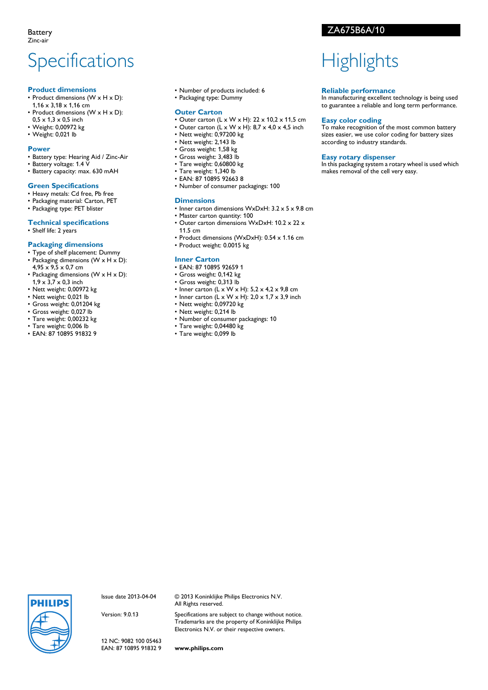 Specifications, Highlights | Philips ZA675B6A User Manual | Page 2 / 2