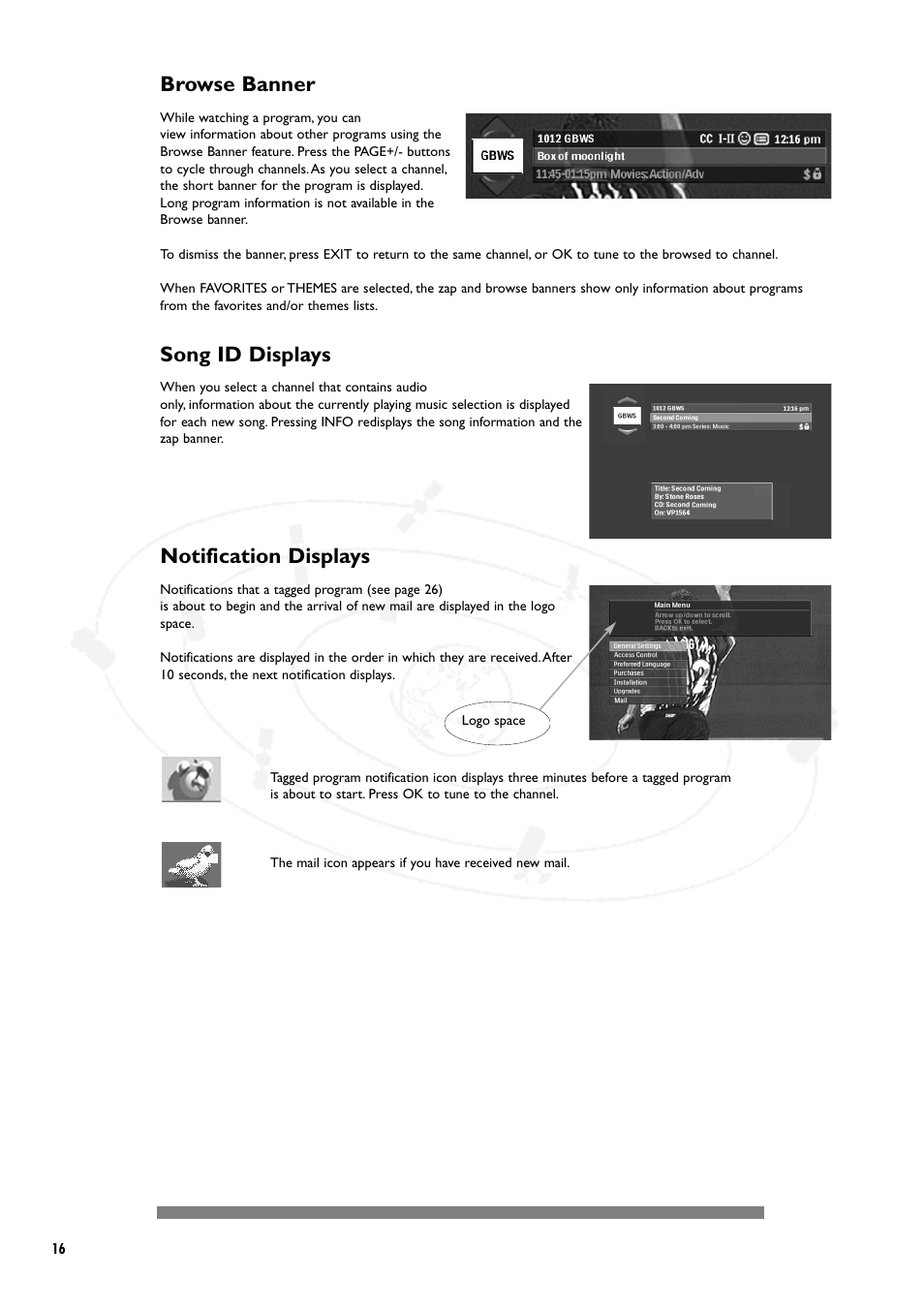 Browse banner, Song id displays, Notification displays | Philips DSX5250 User Manual | Page 20 / 42