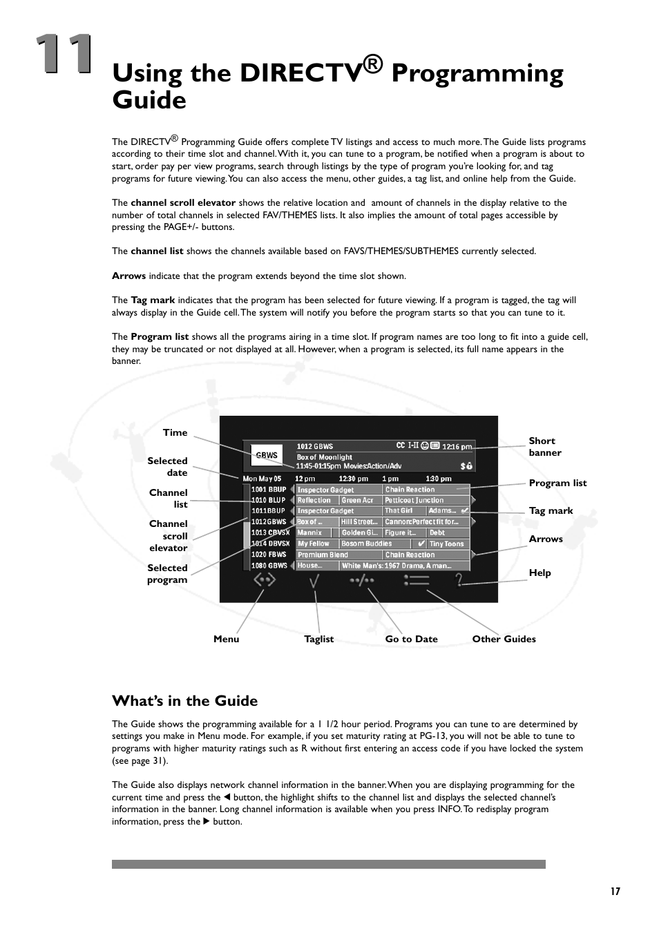 Using the directv® programming guide | Philips DSX5250 User Manual | Page 21 / 42