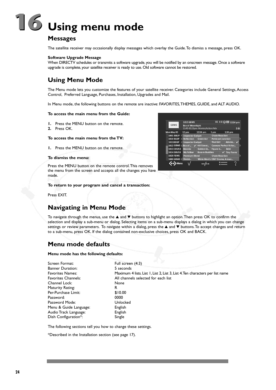 Using menu mode, Messages, Navigating in menu mode | Menu mode defaults | Philips DSX5250 User Manual | Page 28 / 42