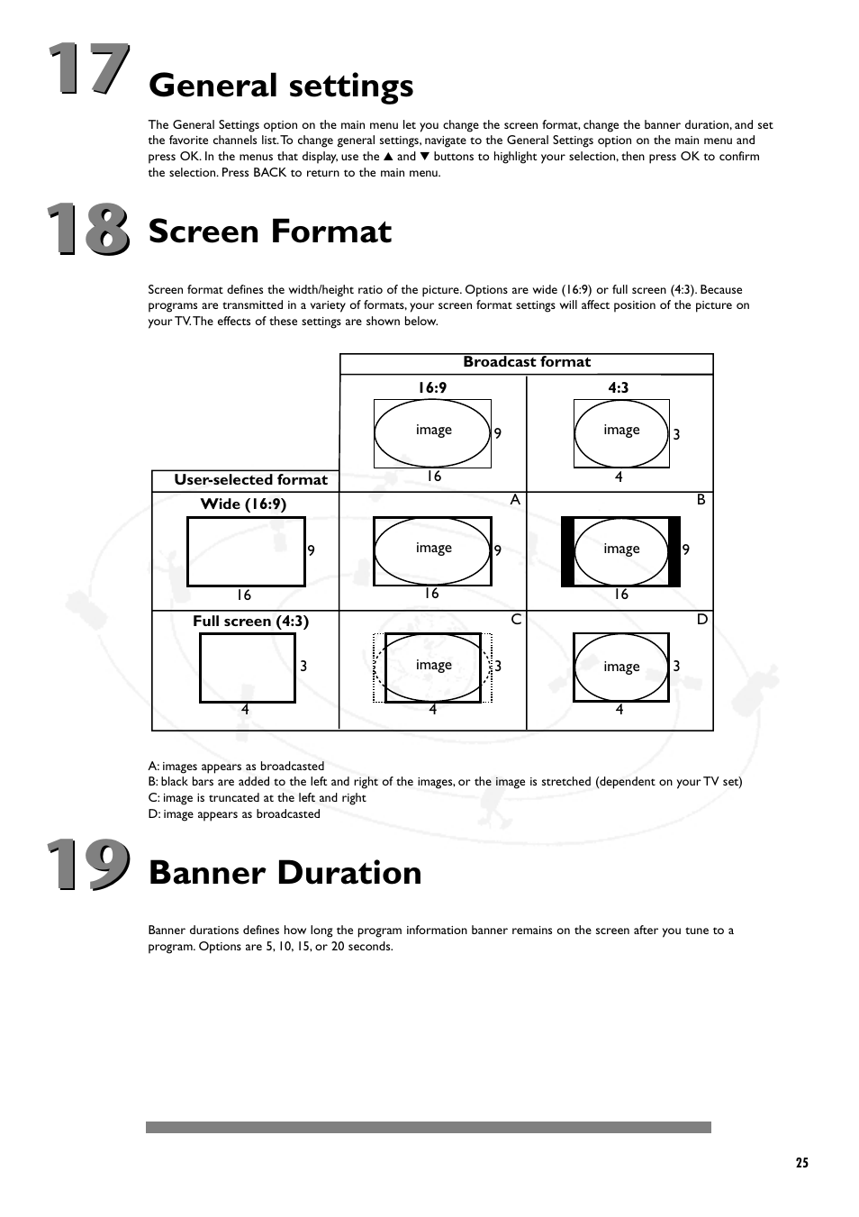 General settings, Screen format, Banner duration | Philips DSX5250 User Manual | Page 29 / 42