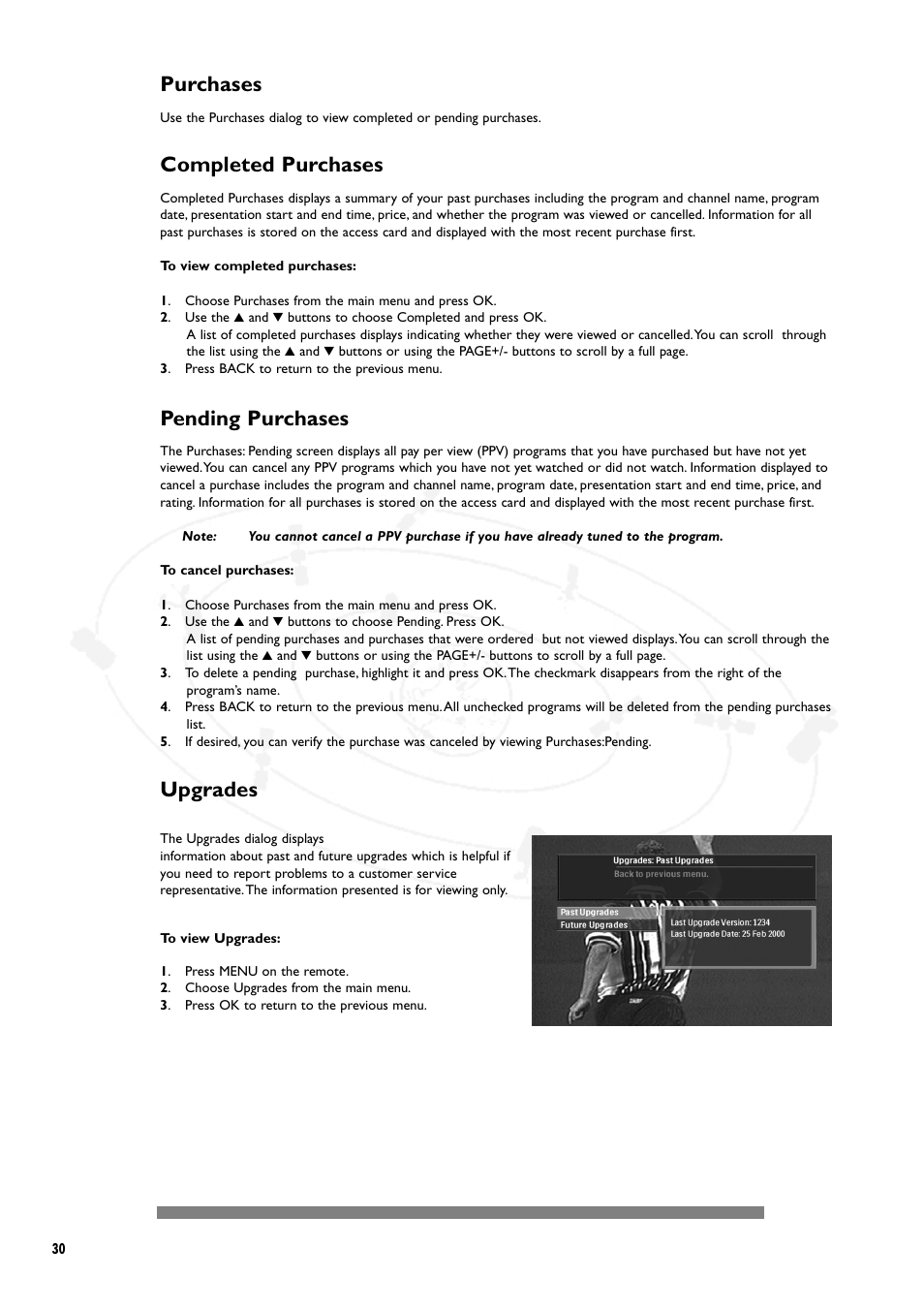 Purchases, Completed purchases, Pending purchases | Upgrades | Philips DSX5250 User Manual | Page 34 / 42