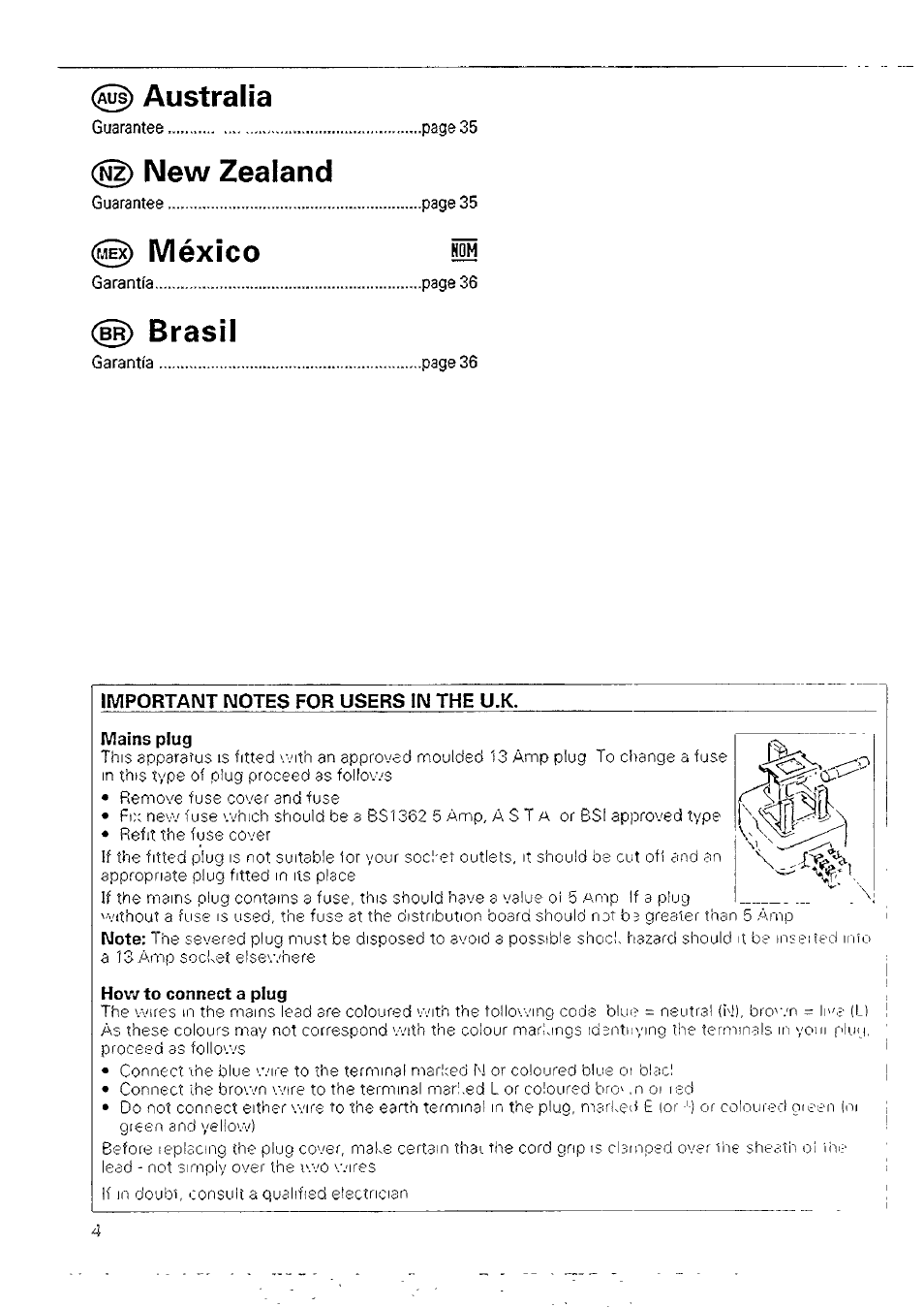 Important notes for users in the u.k, Australia, New zealand | 0) méxico ie, Brasil | Philips AJ 3250/05W User Manual | Page 4 / 10