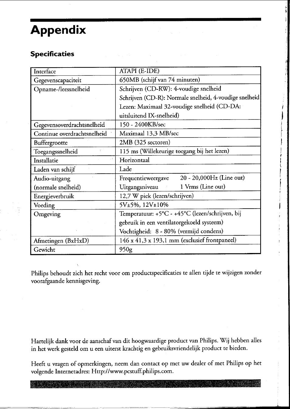 Specificaties, Appendix | Philips PCRW404K/17 User Manual | Page 100 / 122