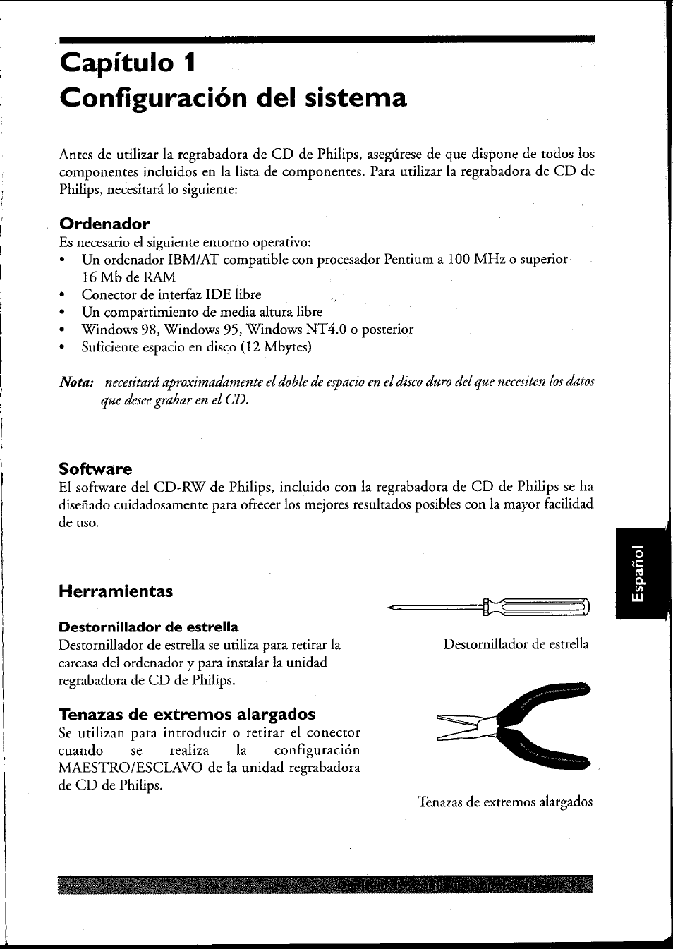 Ordenador, Software, Herramientas | Tenazas de extremos alargados, Ordenador software herramientas, Capítulo 1 configuración del sistema | Philips PCRW404K/17 User Manual | Page 105 / 122