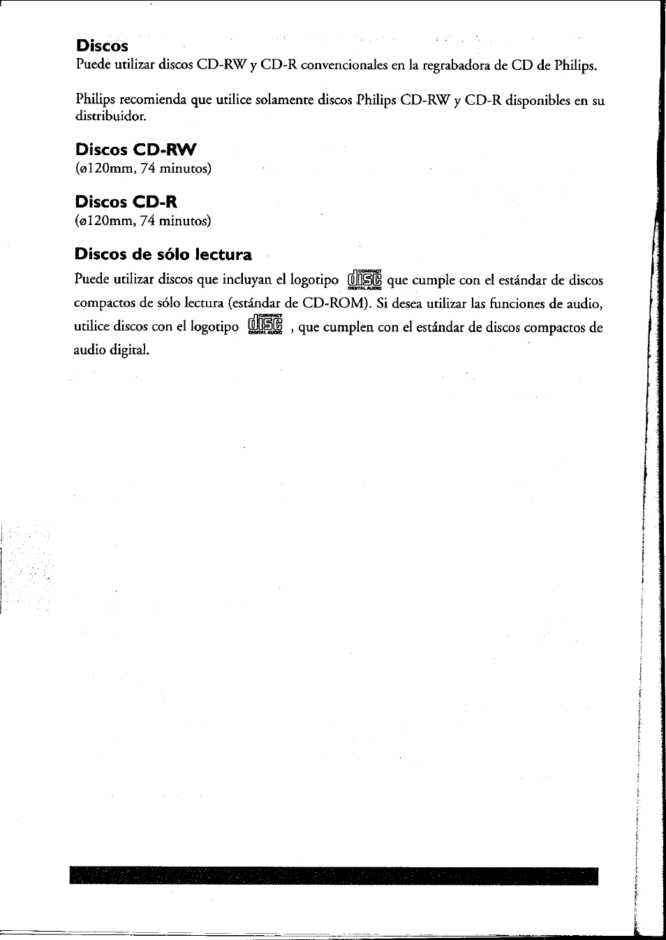 Discos, Discos cd-rw, Discos cd-r | Discos de sólo lectura | Philips PCRW404K/17 User Manual | Page 106 / 122