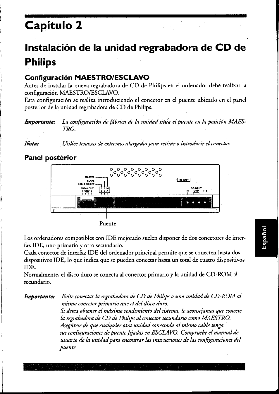 Configuración maestro/esclavo, Panel posterior, Capítulo 2 | Philips PCRW404K/17 User Manual | Page 107 / 122