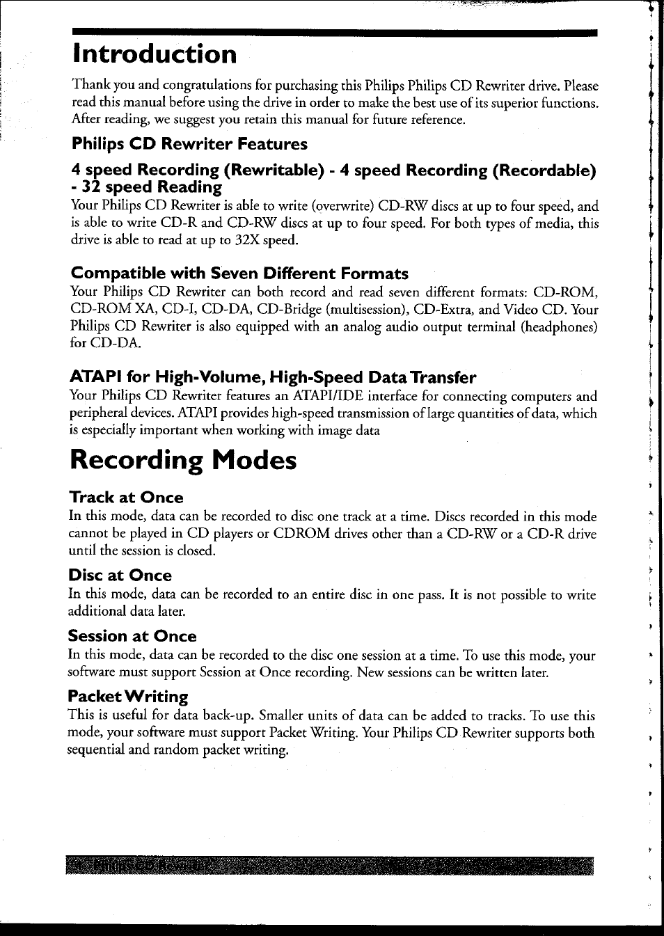 Philips cd rewriter features, Compatible with seven different formats, Atari for high-volume, high-speed data transfer | Track at once, Disc at once, Session at once, Packet writing, Introduction, Recording modes | Philips PCRW404K/17 User Manual | Page 11 / 122