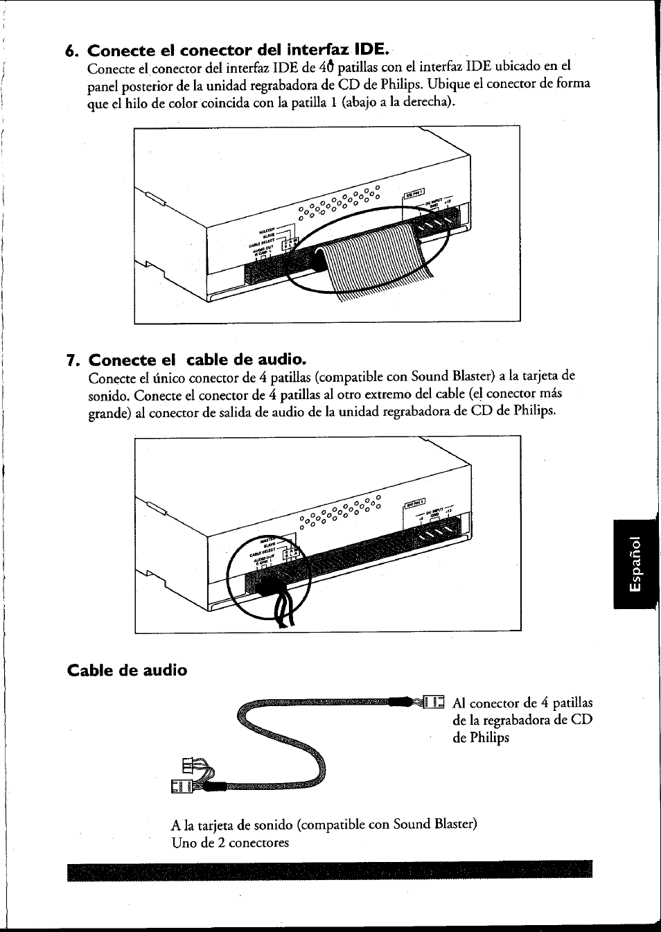 Conecte el conector del interfaz ide, Conecte el cable de audio, Cable de audio | Philips PCRW404K/17 User Manual | Page 111 / 122