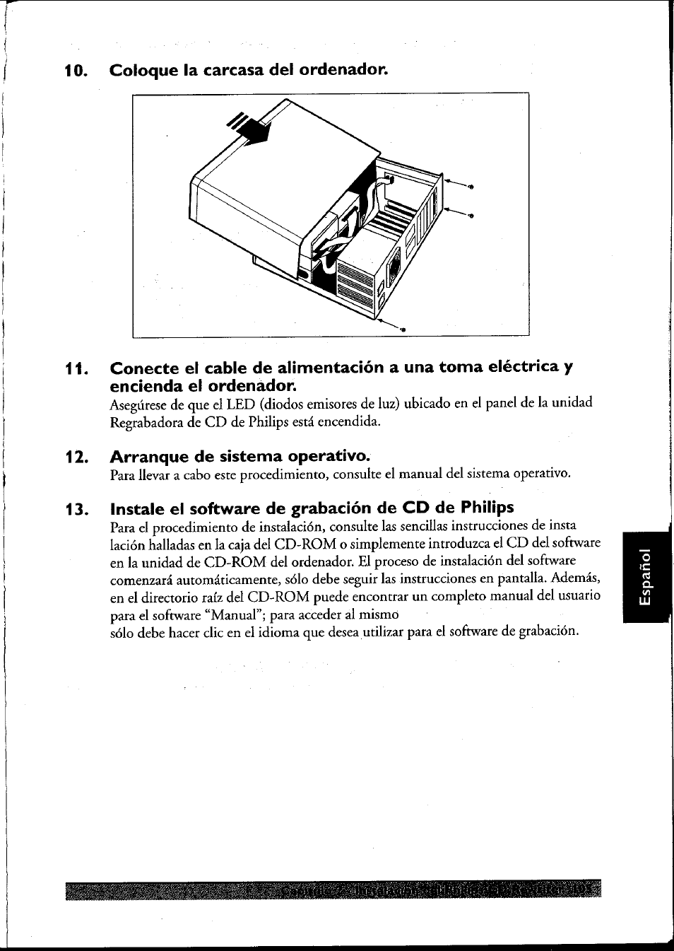 Coloque la carcasa del ordenador, Arranque de sistema operativo, Instale el software de grabación de cd de philips | Philips PCRW404K/17 User Manual | Page 113 / 122