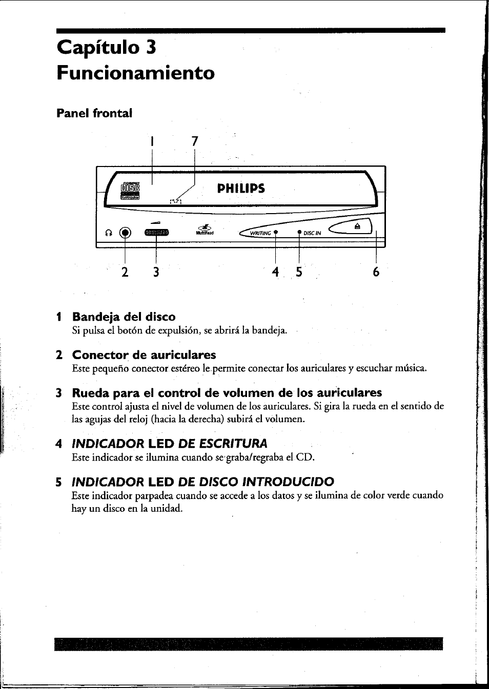 Panel frontal, 1 bandeja del disco, 2 conector de auriculares | Capítulo 3 funcionamiento | Philips PCRW404K/17 User Manual | Page 114 / 122