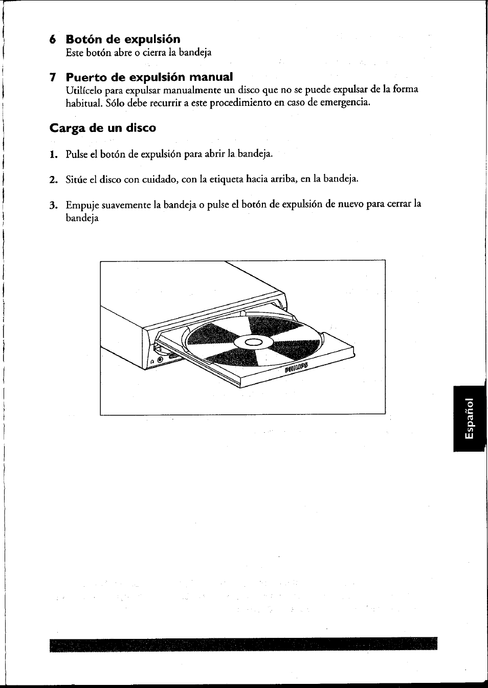 6 botón de expulsión, 7 puerto de expulsión manual, Carga de un disco | Philips PCRW404K/17 User Manual | Page 115 / 122