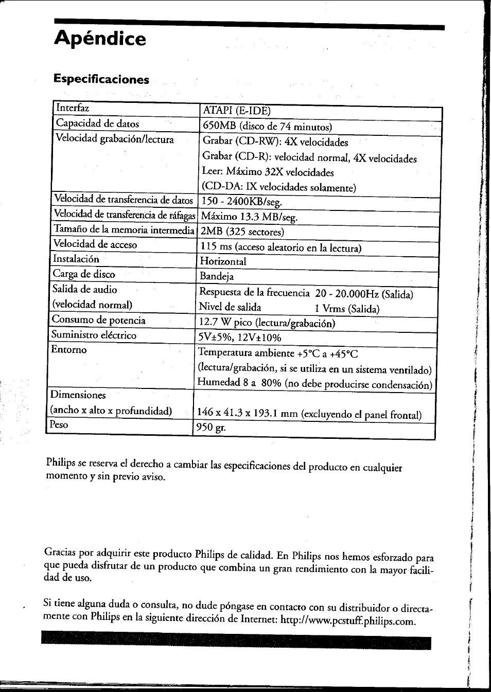 Especificaciones, Apéndice | Philips PCRW404K/17 User Manual | Page 118 / 122