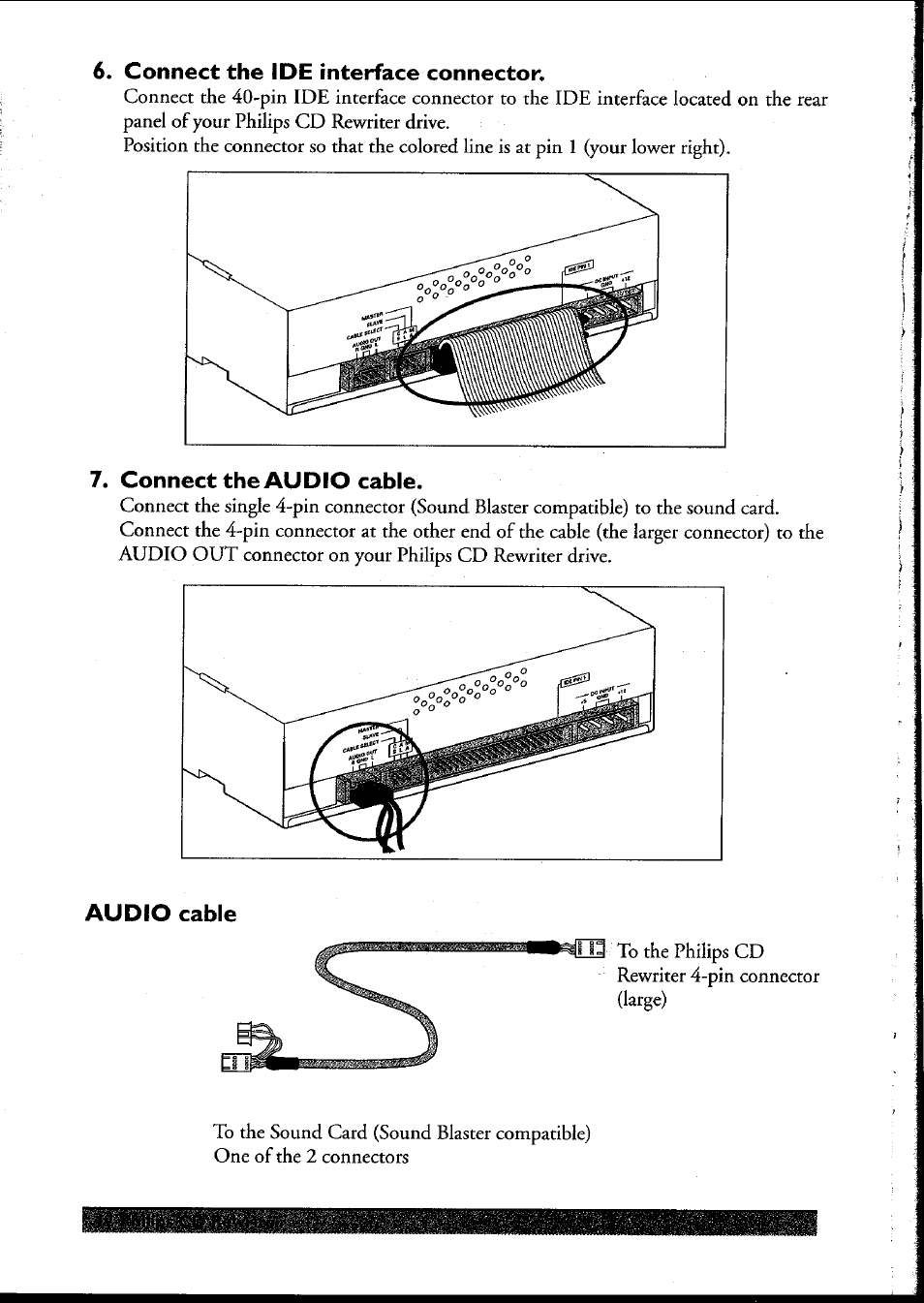 Connect the ide interface connector, Connect the audio cable, Audio cable | Philips PCRW404K/17 User Manual | Page 20 / 122