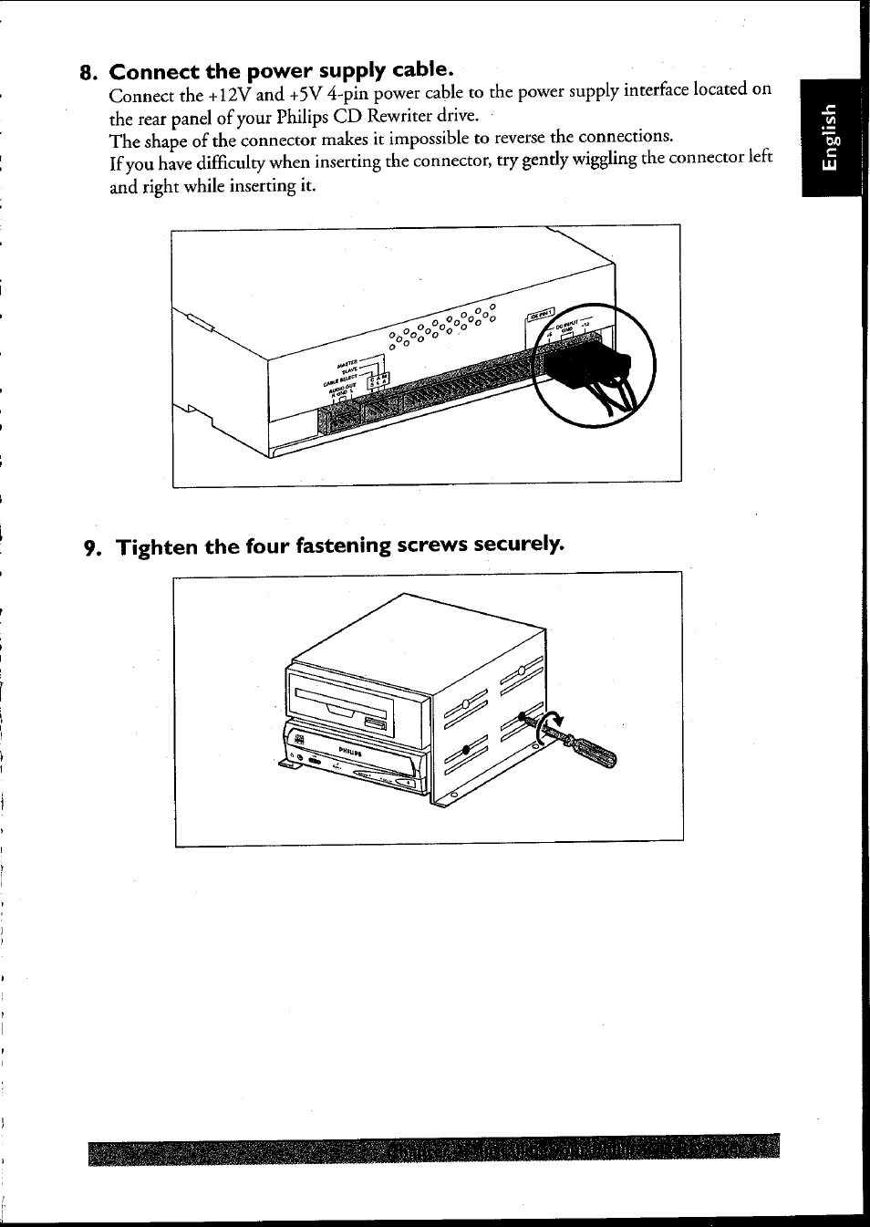 Connect the power supply cable, Tighten the four fastening screws securely | Philips PCRW404K/17 User Manual | Page 21 / 122