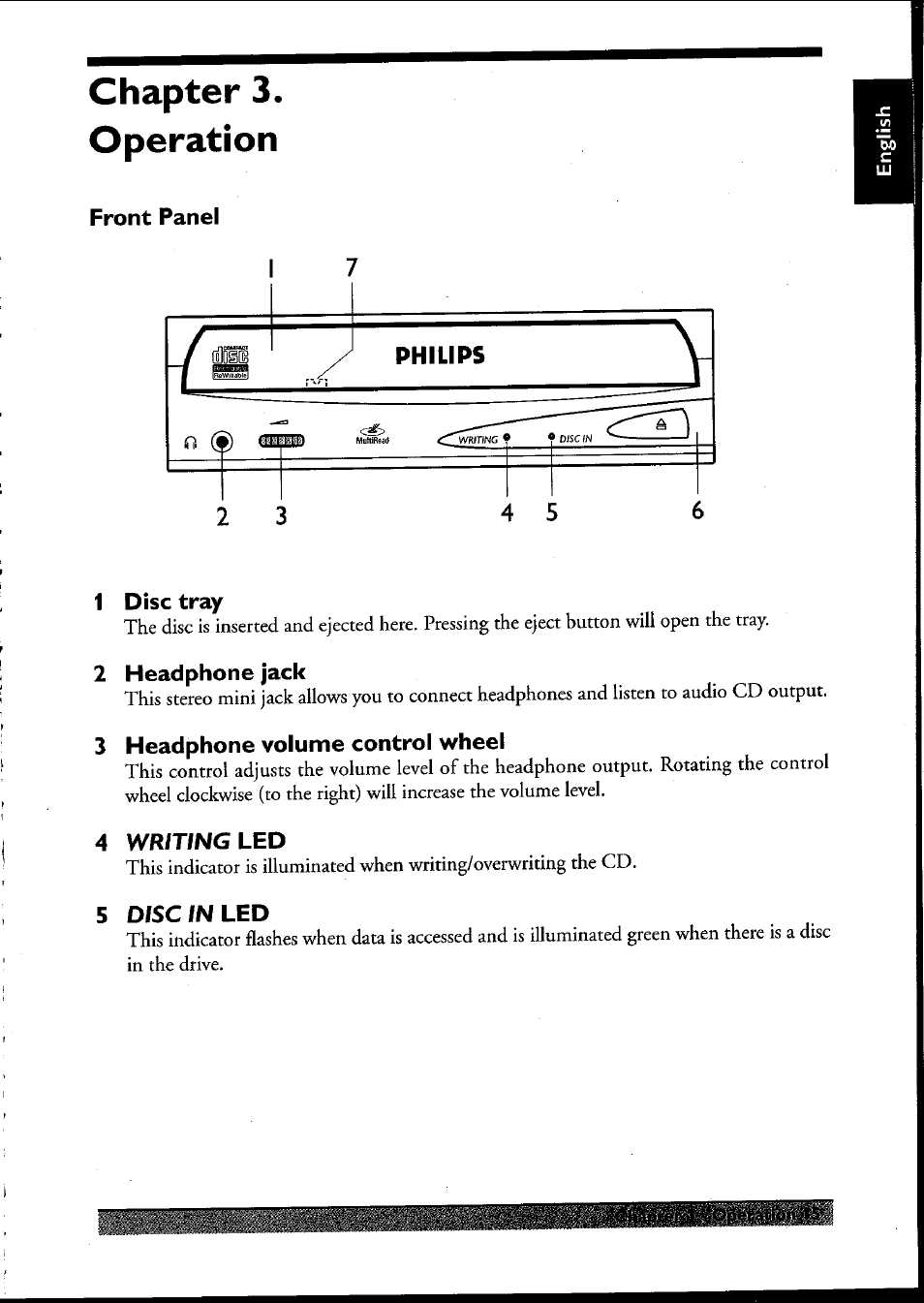 Front panel, 1 disc tray, 2 headphone jack | 3 headphone volume control wheel, Chapter 3. operation | Philips PCRW404K/17 User Manual | Page 23 / 122