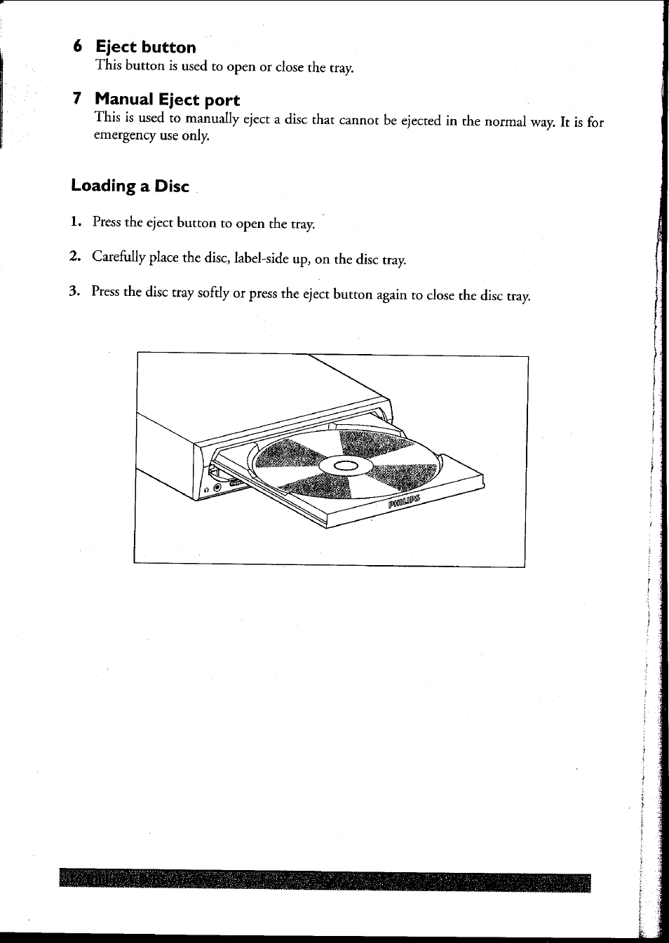 6 eject button, 7 manual eject port, Loading a disc | Philips PCRW404K/17 User Manual | Page 24 / 122