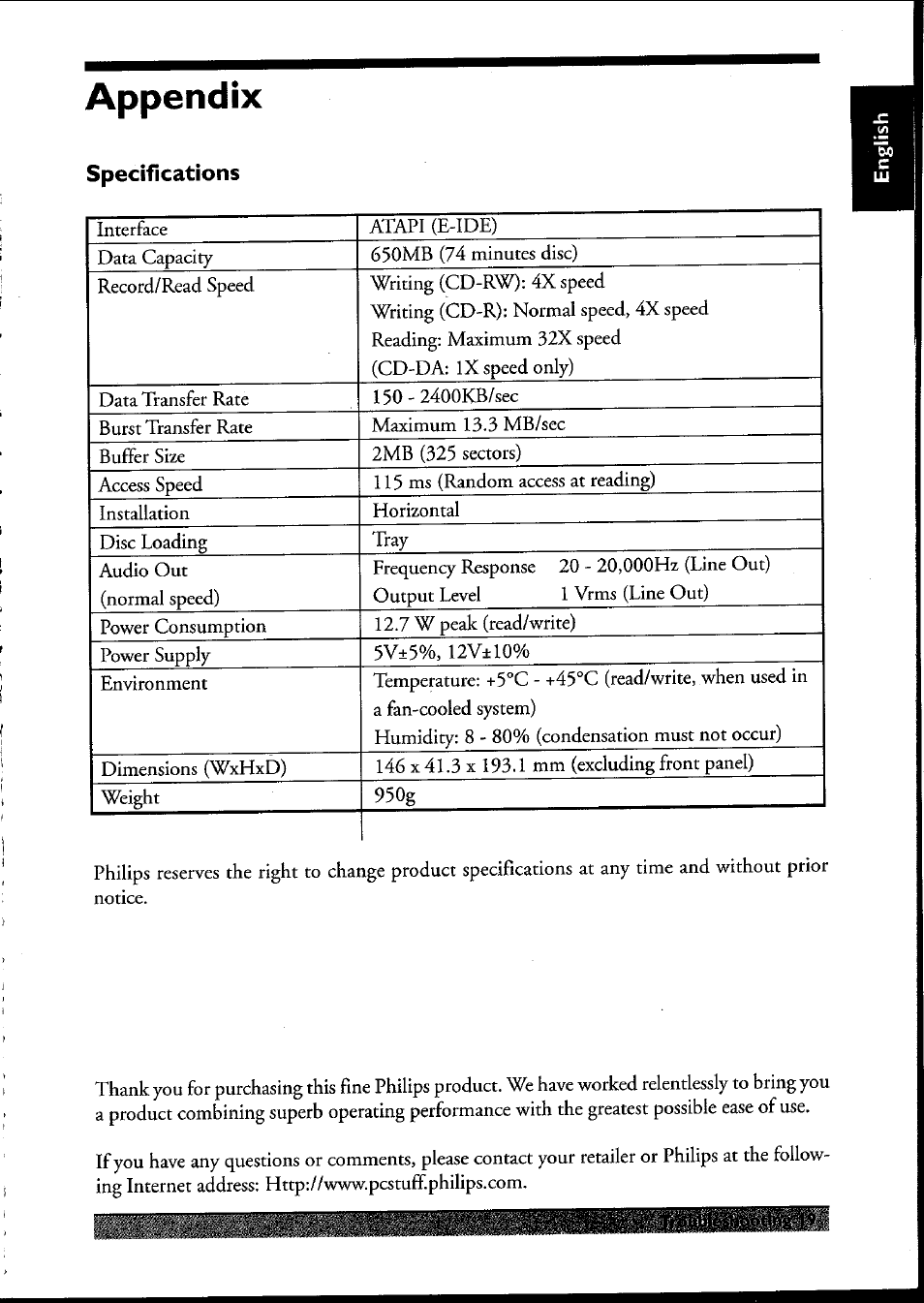 Specifications, Appendix | Philips PCRW404K/17 User Manual | Page 27 / 122