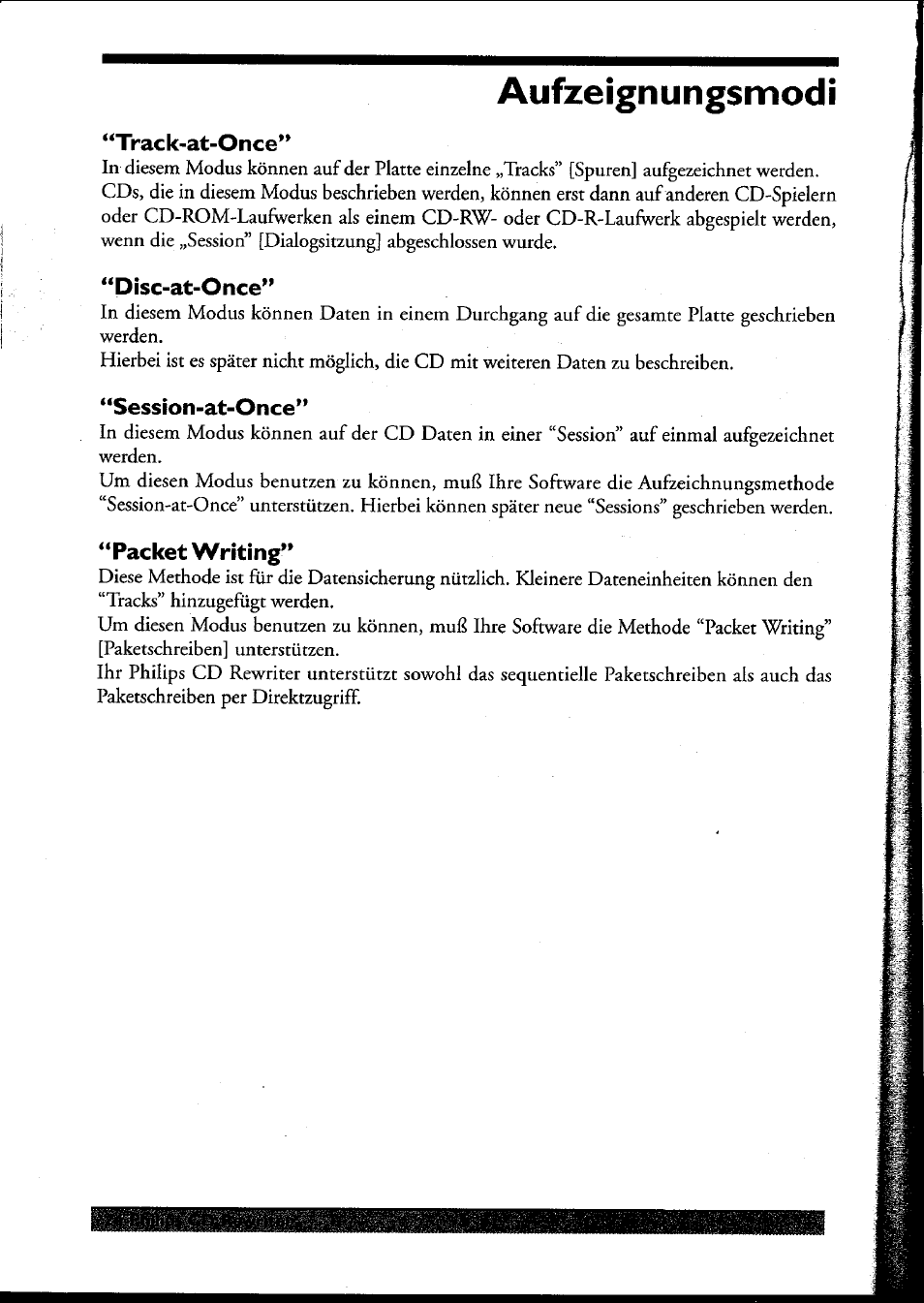 Track-at-once, Disc-at-once, Session-at-once | Packet writing, Aufzeignungsmodi | Philips PCRW404K/17 User Manual | Page 32 / 122