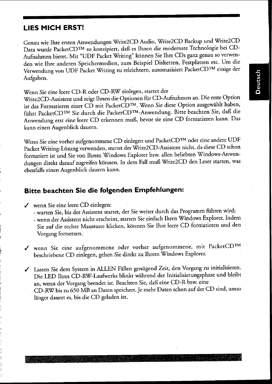 Lies mich erst, Bitte beachten sie die folgenden empfehlungen | Philips PCRW404K/17 User Manual | Page 33 / 122