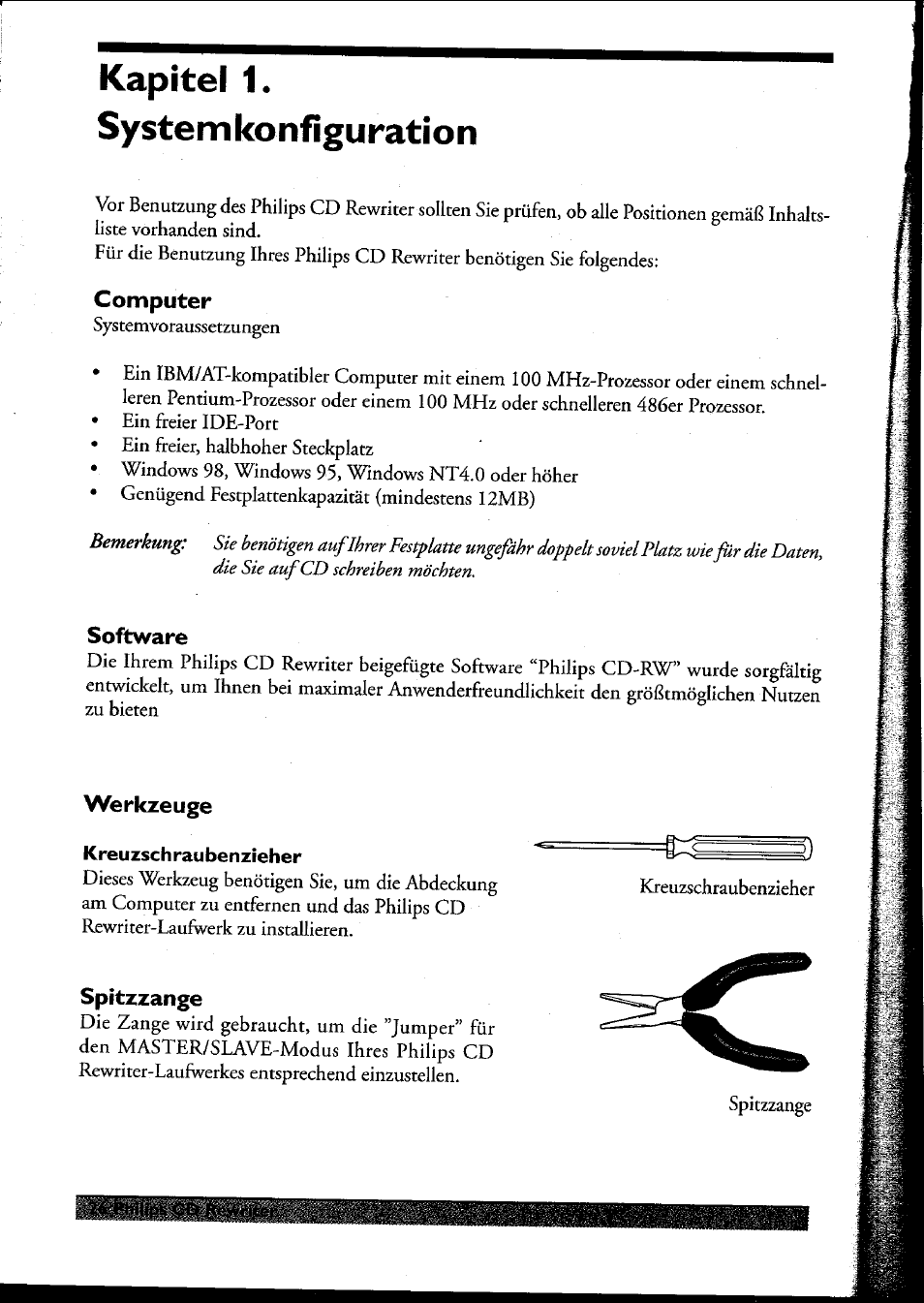 Computer, Software, Werkzeuge | Spitzzange, Kapitel 1. system konfiguratiori | Philips PCRW404K/17 User Manual | Page 34 / 122