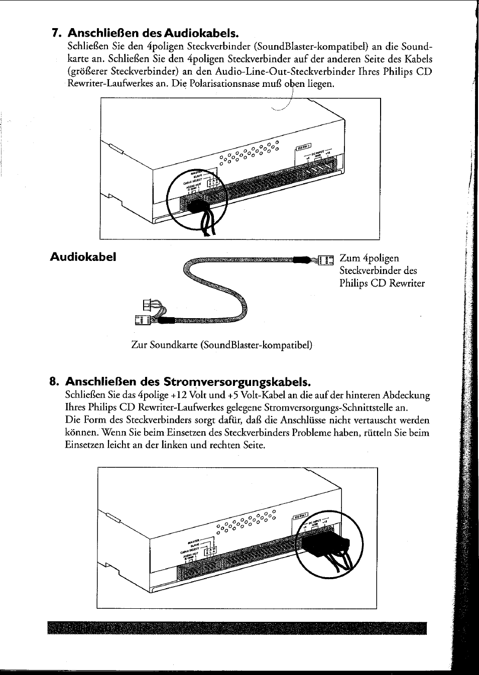 Anschließen des audiokabels, Audiokabel, Anschließen des stromversorgungskabels | Philips PCRW404K/17 User Manual | Page 40 / 122