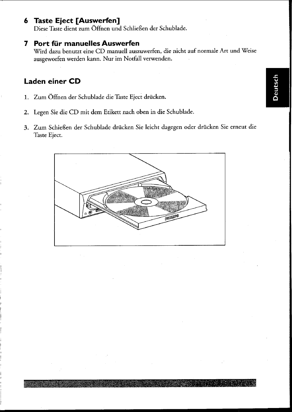 6 taste eject [auswerfen, 7 port für manuelles auswerfen, Laden einer cd | Laden einet cd | Philips PCRW404K/17 User Manual | Page 43 / 122