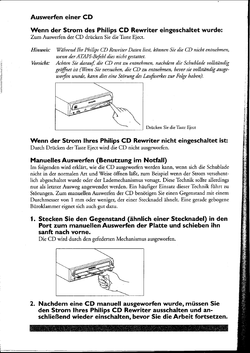 Auswerfen einer cd, Manuelles auswerfen (benutzung im notfall) | Philips PCRW404K/17 User Manual | Page 44 / 122