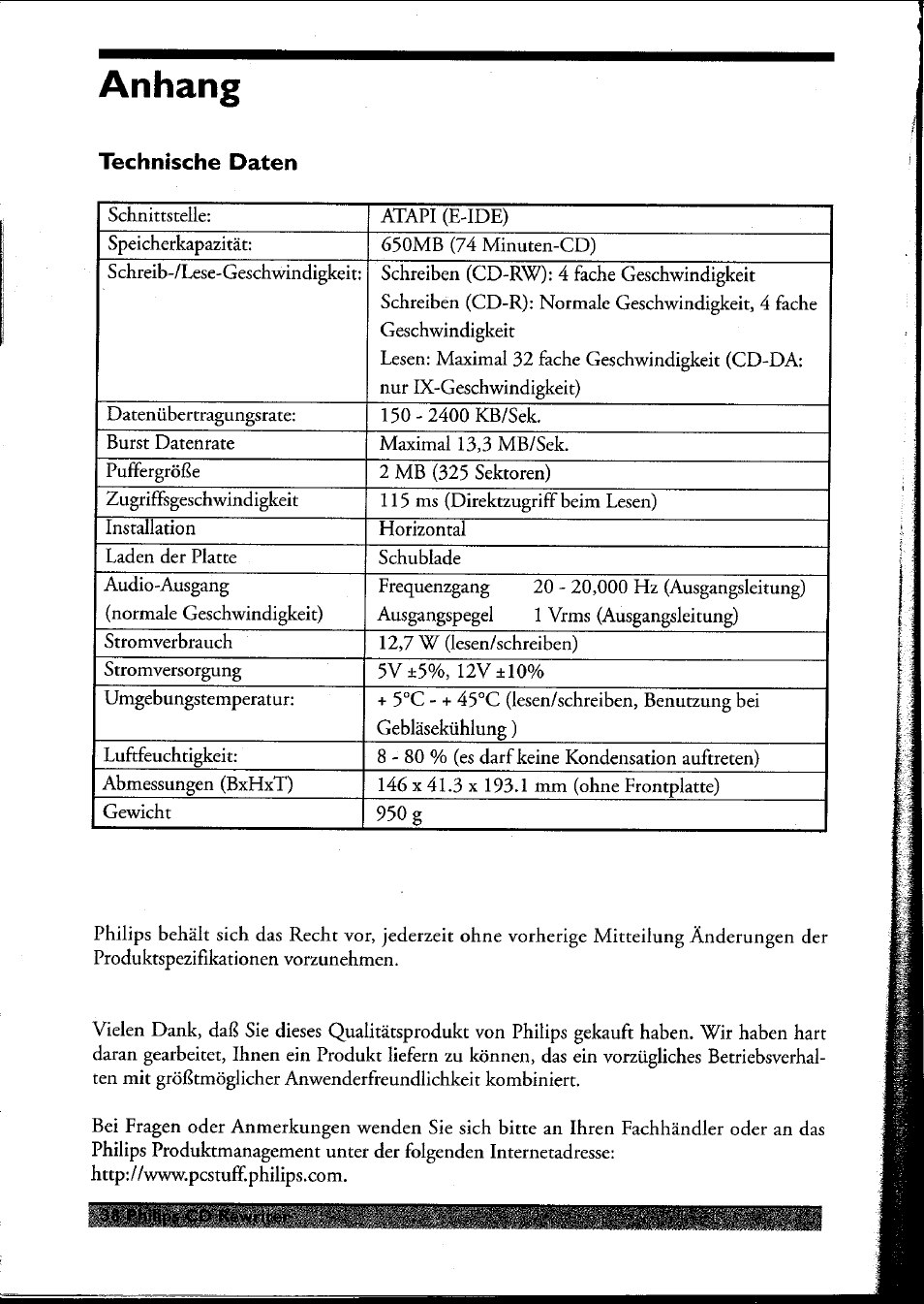 Technische daten, Anhang | Philips PCRW404K/17 User Manual | Page 46 / 122