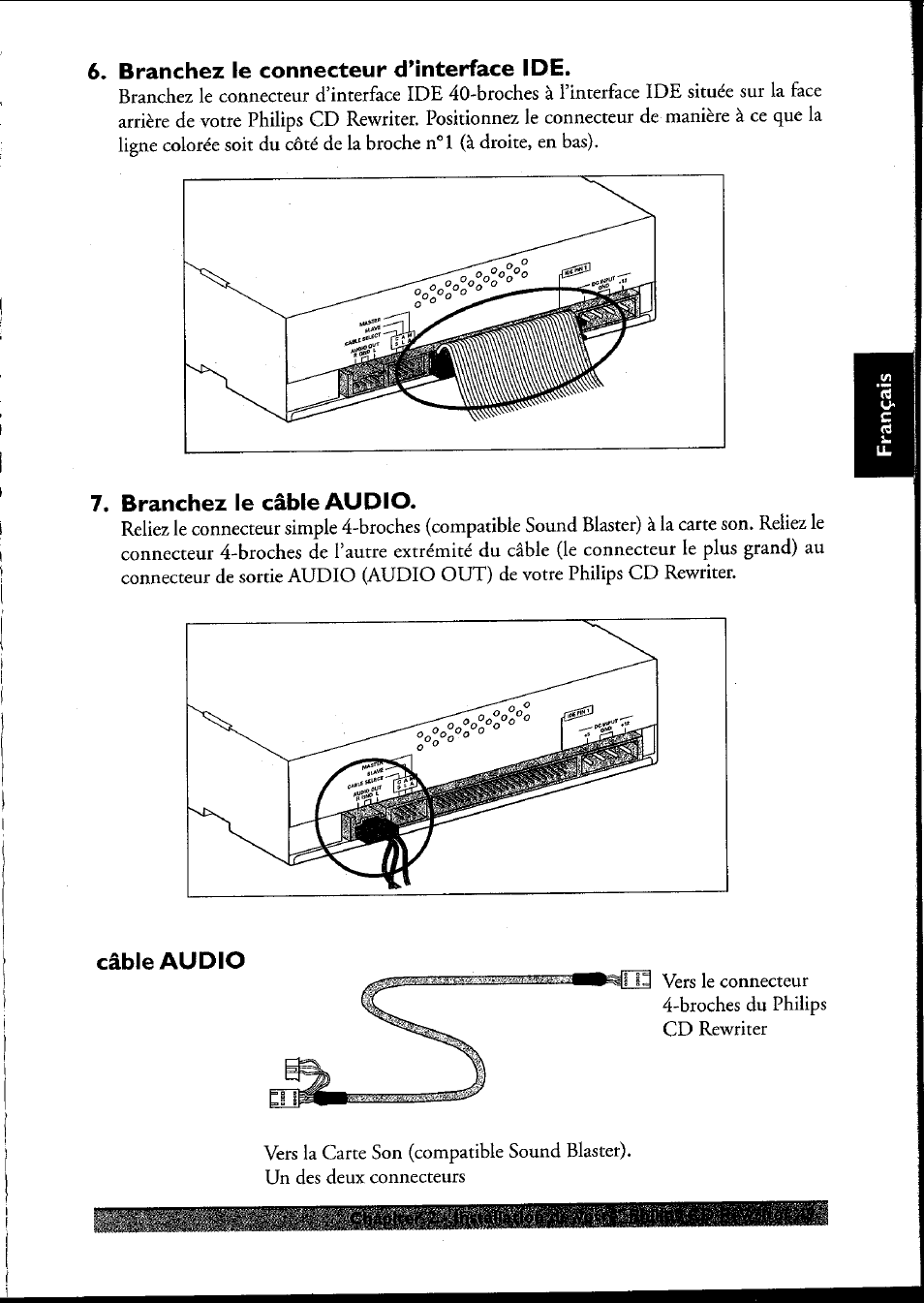 Branchez le connecteur d’interface ide, Branchez le câble audio | Philips PCRW404K/17 User Manual | Page 57 / 122