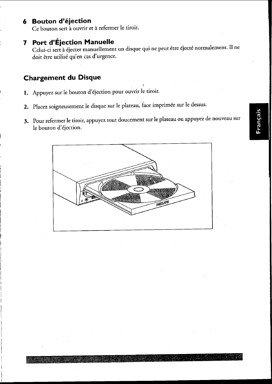 6 bouton d’éjection, 7 port d’éjection manuelle, Chargement du disque | Philips PCRW404K/17 User Manual | Page 61 / 122