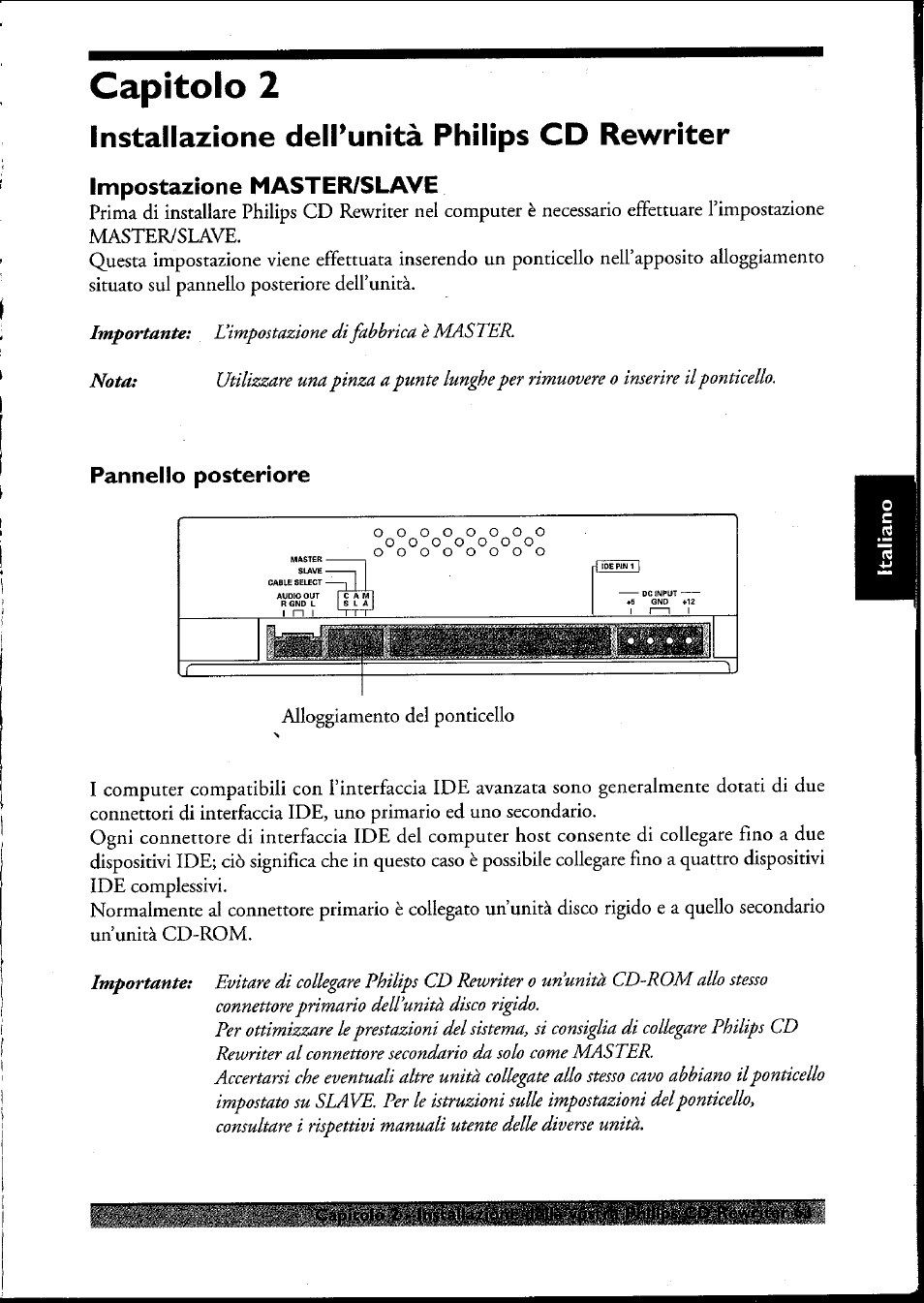 Impostazione master/slave, Pannello posteriore, Impostazioni master/slave | Pannello anteriore, Capìtolo 2, Installazione dell’unità philips cd rewriter | Philips PCRW404K/17 User Manual | Page 71 / 122