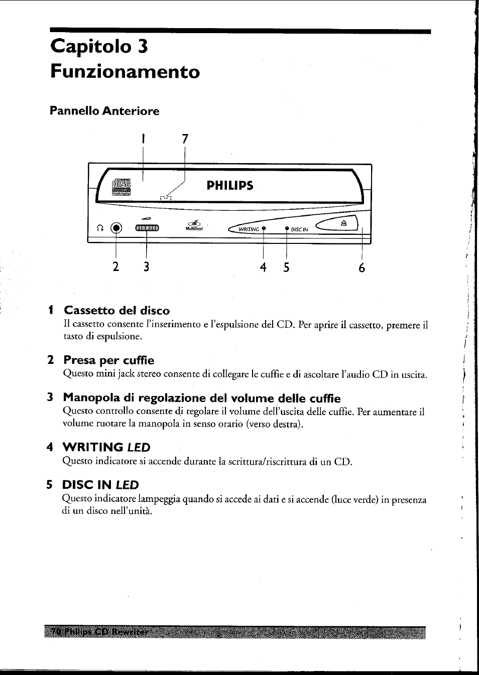 Pannello anteriore, 1 cassetto del disco, 2 presa per cuffie | 3 manopola di regolazione del volume delle cuffie, 4 writingled, 5 disc in leo, Capitolo 3 funzionamento | Philips PCRW404K/17 User Manual | Page 78 / 122