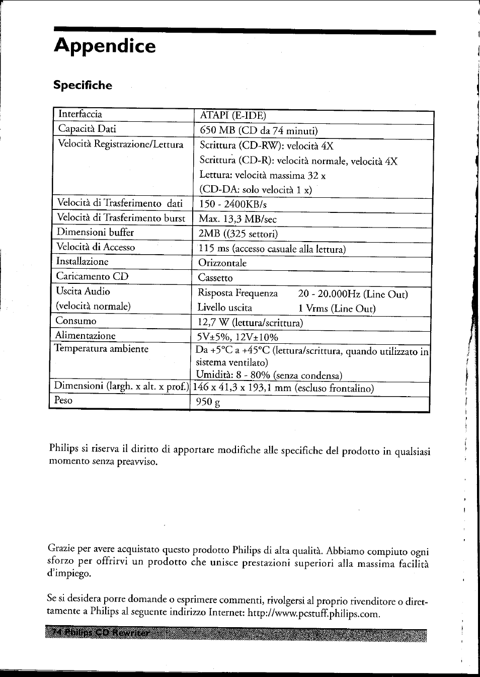 Specifiche, Appendice | Philips PCRW404K/17 User Manual | Page 82 / 122