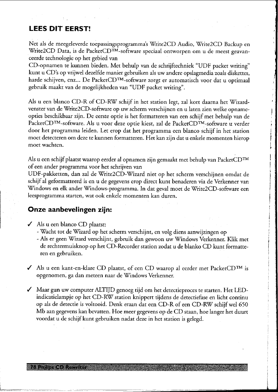 Lees dit eerst, Onze aanbevelingen zijn | Philips PCRW404K/17 User Manual | Page 86 / 122