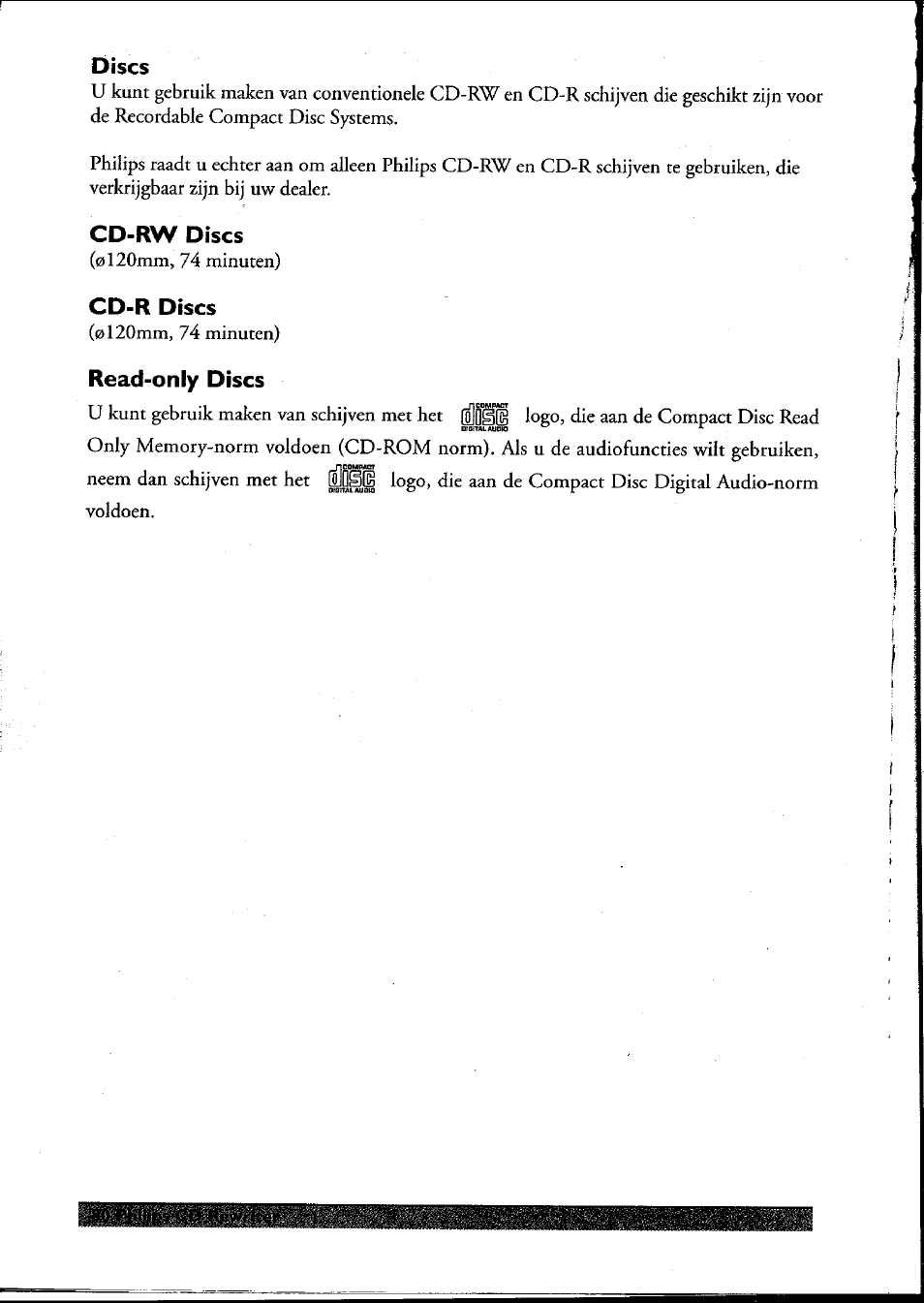 Discs, Cd-rw discs, Cd-r discs | Read-only discs | Philips PCRW404K/17 User Manual | Page 88 / 122