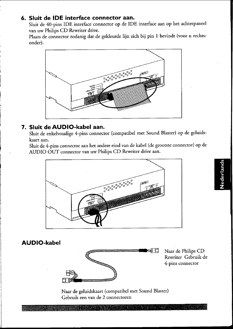 Sluit de ide interface connector aan, Sluit de audio-kabel aan, Audio-kabel | Philips PCRW404K/17 User Manual | Page 93 / 122