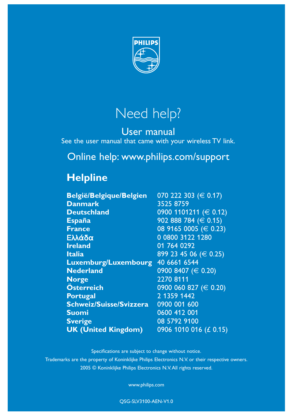 Need help, Helpline, User manual | Philips SLV3100 User Manual | Page 8 / 8