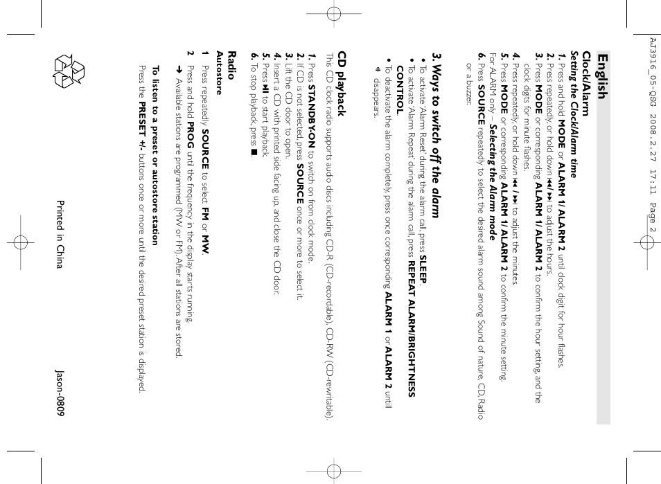 English, W ays to s witch off the alarm | Philips AJ3916/05 User Manual | Page 2 / 2